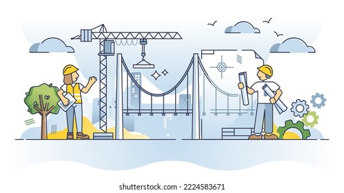 Civil engineer profession and work with infrastructure outline concept. Project with city bridge, railway, roads or other public buildings development vector illustration. Career job and education.