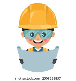 Civil engineer reading construction plans on site. Personal protective equipment. Worker with helmet, overalls, vest and safety gloves. Safety first. Industrial safety and occupational health at work