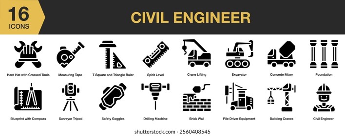 Civil Engineer solid icon set. Includes measuring tape, excavator, crane, foundation, surveyor, brick wall, and More. Solid icons vector collection.