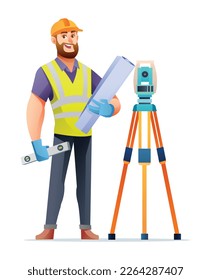 Civil engineer with theodolite. Cartoon character illustration