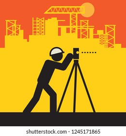 Civil engineer use the theodolite on a construction site, vector illustration