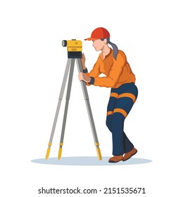 Civil engineer uses theodolite. Survey equipment. Builder with topographic tool. Isolated industrial scene. Girl with geodesic laser level. Vector illustration