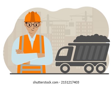 Bauingenieur in einer Weste und harter Hut auf einer Baustelle. Arbeiter und Müllwagen mit Sand. Entwicklung, Design für den Standort.