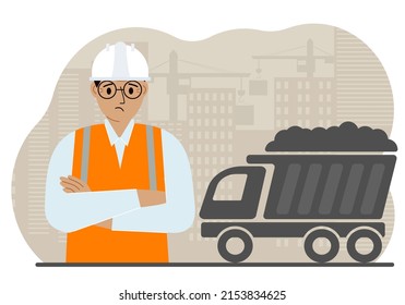 Civil engineer in a vest and hard hat at a construction site. Workers and dump truck with sand. Development, design for the site. Vector flat illustration.