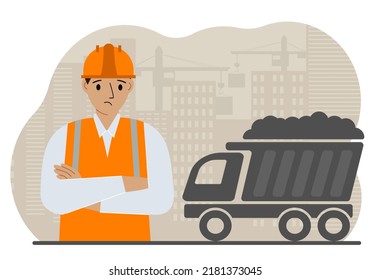 Bauingenieur in einer Weste und harter Hut auf einer Baustelle. Arbeiter und Müllwagen mit Sand. Entwicklung, Design für den Standort. Vektorflache Illustration.
