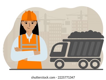 Civil engineer in a vest and hard hat at a construction site. Workers and dump truck with sand. Development, design for the site. Vector flat illustration.