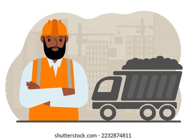 Bauingenieur in einer Weste und harter Hut auf einer Baustelle. Arbeiter und Müllwagen mit Sand. Entwicklung, Design für den Standort. Vektorflache Illustration.