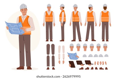 Engenheiro civil vestindo chapéu duro segurando desenho de projeto. Construtor de caracteres para animação. Vista frontal, lateral e traseira configuradas. Partes do corpo, posturas, posturas coleção. Ilustração vetorial.
