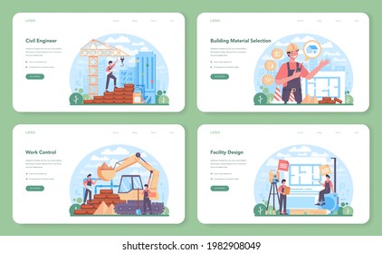 Civil engineer web banner or landing page set. Professional occupation of designing and building houses and structures. Architecture work with modern building technology. Flat vector illustration