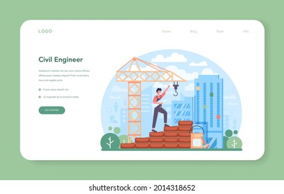 Civil engineer web banner or landing page. Professional occupation of designing and building houses and structures. Architecture work with modern building technology. Flat vector illustration