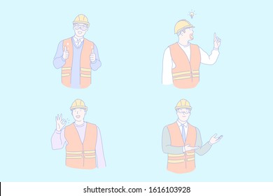 Civil engineer work, project idea, success, positive emotions concept. Building, constructing industry, workers in helmets and uniform, gesticulating men in work clothes. Simple flat vector