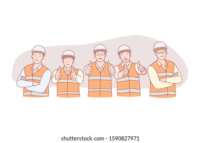Civil engineer work, successful project, group photo posing concept. Construction industry, smiling workers group in helmet and uniform, male builders, men showing thumb up. Simple flat vector