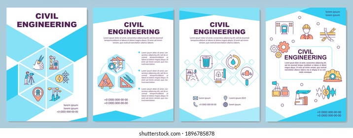 Civil engineering brochure template. Construction and maintenance. Flyer, booklet, leaflet print, cover design with linear icons. Vector layouts for magazines, annual reports, advertising posters