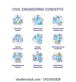 Juego de iconos de concepto de ingeniería civil. Suministro de recursos. Infraestructura urbana. Ideas de construcción sustentables ilustraciones de color RGB de línea delgada. Dibujos de contorno aislados por vectores. Trazo editable