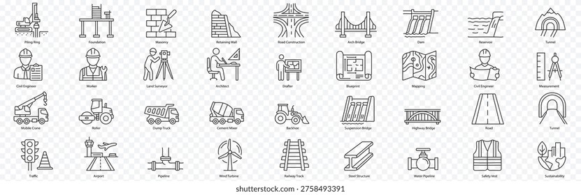 Civil engineering, construction and infrastructure icon set – editable outline symbols of bridge, dam, tunnel, blueprint, mapping and machinery, Civil engineering related icon set, Civil engineering icons