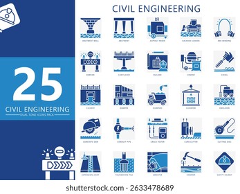 Engenharia civil dual tone icon pack. Conter parede de apoio, barreira, cimento, dumper, elevador, martelo, calha, pilha e muito mais. Vetor para indústria, construção, UI, UX, web e desenvolvimento de aplicativos.