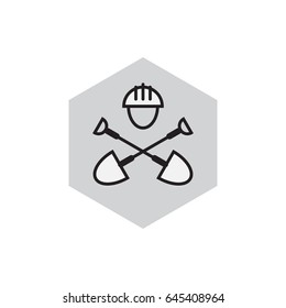 Civil engineering emblem. Digger icon. Label with shovels and hard hat. Civil engineering illustration