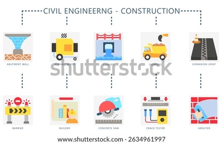 Civil engineering flat color icons. Contain abutment, culvert, dumpers, builder, barrier, concrete saw, grouter and more. Vector for construction UI, UX kit, digital, print, web and app development