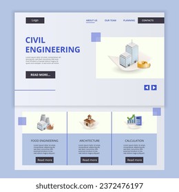 Civil engineering flat landing page website template. Food engineering, architecture, calculation. Web banner with header, content and footer. Vector illustration.