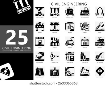 Pacote de ícones de engenharia civil. Conter parede de apoio, barreira, cimento, dumper, elevador, martelo, calha, pilha, construtor e muito mais. Vetor para indústria, construção, UI, UX, web e desenvolvimento de aplicativos