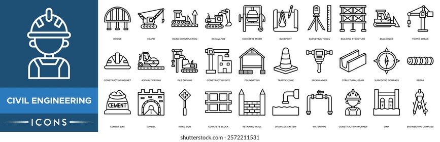 Civil Engineering icon. Bridge, Crane, Road Construction, Excavator and Concrete Mixer