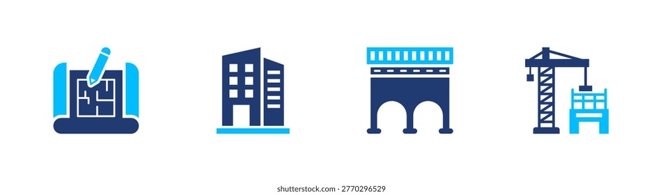 Civil engineering icon set. blueprint, building, bridge, construction, architecture. solid style icon collection.