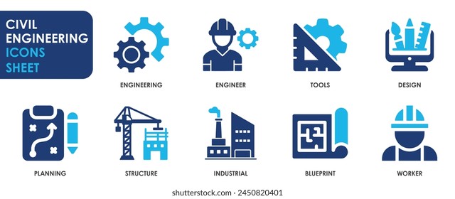 Civil Engineering icon set. Containing blueprint, engineer, tools, structure and so on. Icons set related to an engineer.