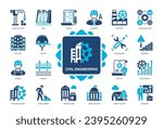 Civil Engineering icon set. Design, Working, Maintenance, Construction, Environment, Architecture, Infrastructure, Industry. Duotone color solid icons