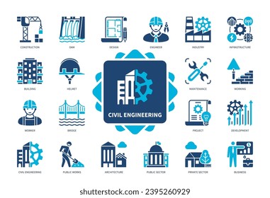 Civil Engineering icon set. Design, Working, Maintenance, Construction, Environment, Architecture, Infrastructure, Industry. Duotone color solid icons