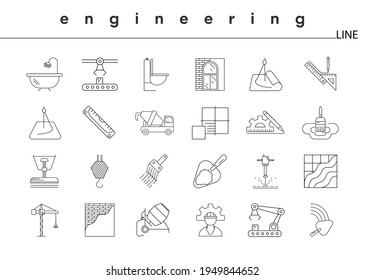 Civil engineering icon set. Set of engineering line art vector illustration on white background. Editable line set. Building and construction line icons set.