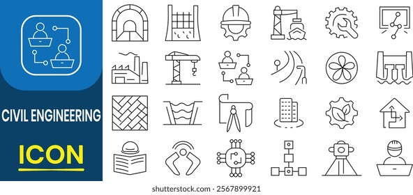 Civil Engineering icons set. Construction, worker,  engineer, mechanical, maintenance, environment, architecture, infrastructure, industry, machinery icons. Solid icon collection. Vector illustration.