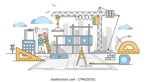 Civil engineering industry tools and symbolic equipment in outline concept. Architecture process and work with measuring stage in building project vector illustration. Precise machinery and occupation