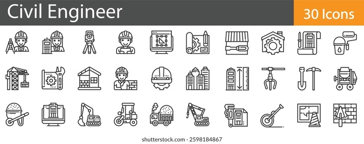 Civil Engineering Line Icons Set. Collection of 30 outline icons representing construction, architecture, infrastructure, and engineering tools. Editable stroke vector illustration.