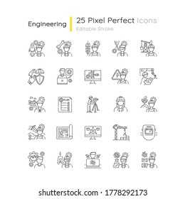 Civil engineering pixel perfect linear icons set. Professional female architect. Male contractor. Customizable thin line contour symbols. Isolated vector outline illustrations. Editable stroke