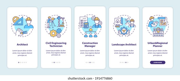 Civil engineering specialist onboarding mobile app page screen with concepts. Building professional walkthrough 5 steps graphic instructions. UI vector template with RGB color illustrations