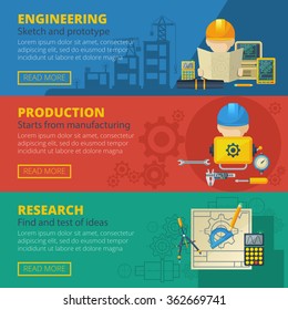 Civil engineering teamwork project research presentation and production design 3 flat banners set abstract vector isolated illustration