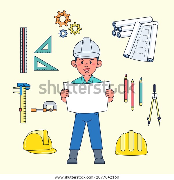 Civil engineering tools supervise\
construction and planning such as rulers, verniers, calipers,\
helmets, pencils, dividers, clamps, boots, plans,\
blueprint