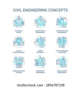 Civil engineering turquoise concept icons set. Resource supply. City infrastructure. Sustainable construction idea thin line RGB color illustrations. Vector isolated outline drawings. Editable stroke