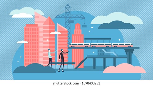 Civil Engineering Vector Illustration. Tiny Construction Job Persons Concept. Building Design And Maintenance Work. Roads, Bridges, Railway Transport Construction Industry And Environment Development.