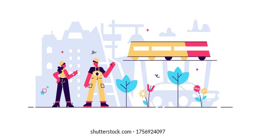 Civil engineering vector illustration. Tiny construction job persons concept. Building design and maintenance work. Roads, bridges, railway transport construction industry and environment development.