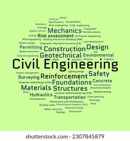 Civil Engineering word cloud. Composition of words for civil engineering practical aspects. Construction, design, maintenance, physical, and built environment. Light yellowish green background.