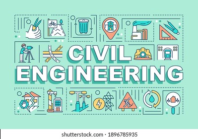 Civil engineering word concepts banner. Public works. Architectural design, construction. Infographics with linear icons on mint background. Isolated typography. Vector outline RGB color illustration