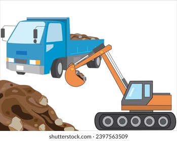 Civil engineering work is carried out using heavy machinery and dump trucks.