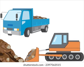Die Bauarbeiten werden mit schweren Maschinen und Müllwagen durchgeführt.
