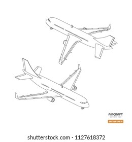 Civil isometric aircraft in outline style. Industrial blueprint of airplane. Front and back view. Plane contour icon for print or infographic. Vector illustration