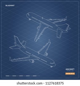 Civil isometric aircraft in outline style. Industrial blueprint of airplane. Front and back view. Plane contour icon for print or infographic. Vector illustration