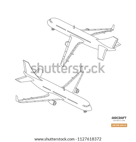 Civil isometric aircraft in outline style. Industrial blueprint of airplane. Front and back view. Plane contour icon for print or infographic. Vector illustration