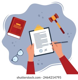 Civil law concept. Business man hand signing a paper document. Gavel and judge book. Workplace desk top view