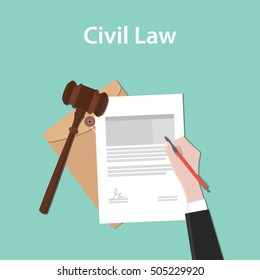 civil law  illustration concept a business man hand signing a paper document with flat style with gavel