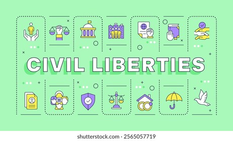 Civil liberties green word concept. Society freedom. Equality, democracy. Human rights. Typography banner. Vector illustration with title text, editable icons color